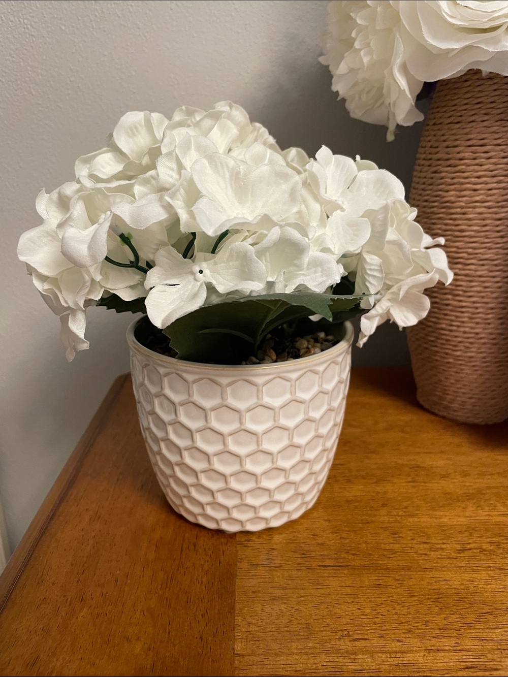 White Artificial Hydrangea Floral Arrangement with Honeycomb Ceramic Pot